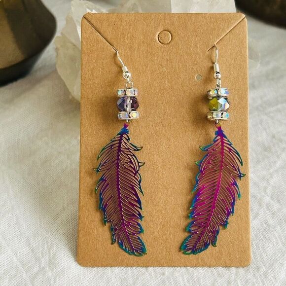 Iridescent Rainbow Feather Dangle Rhinestone Earrings .925 Sterling Silver - Picture 6 of 6